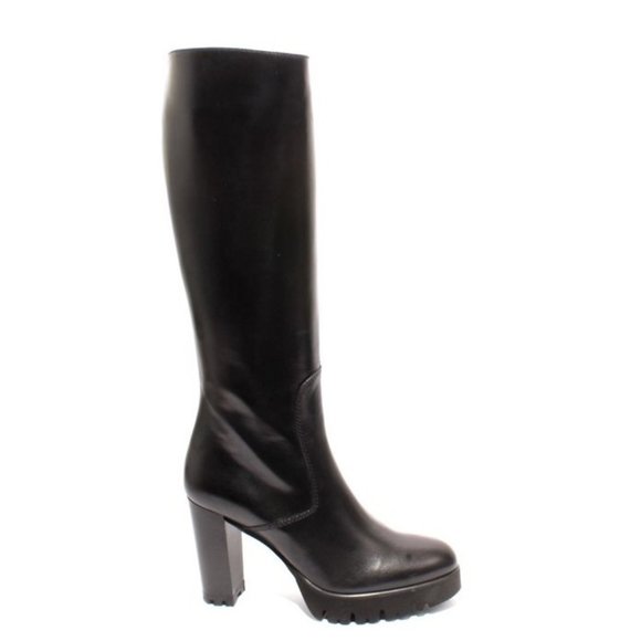 Italian Black Leather Zip Knee High Platform Heel Boots - Picture 3 of 8